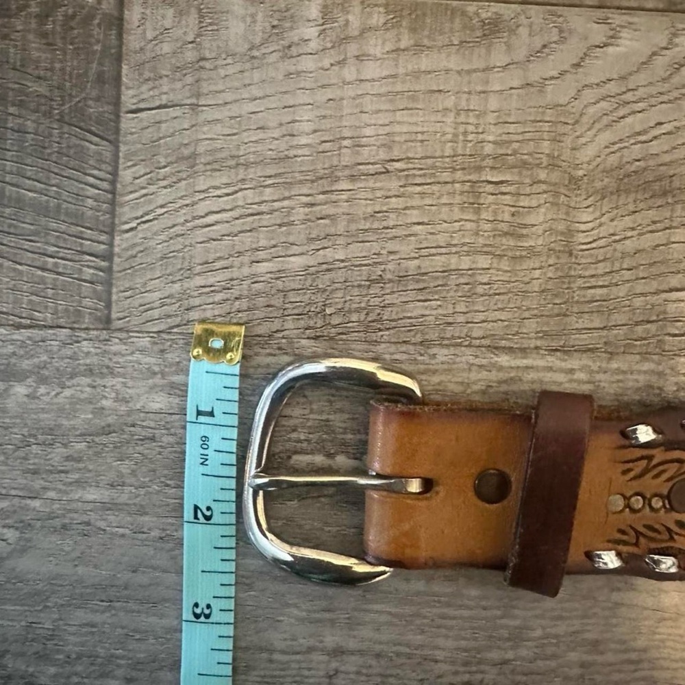 Vintage RARE 1970s Handmade Brown Leather Silver Studded Western Belt 30” - Picture 6 of 7